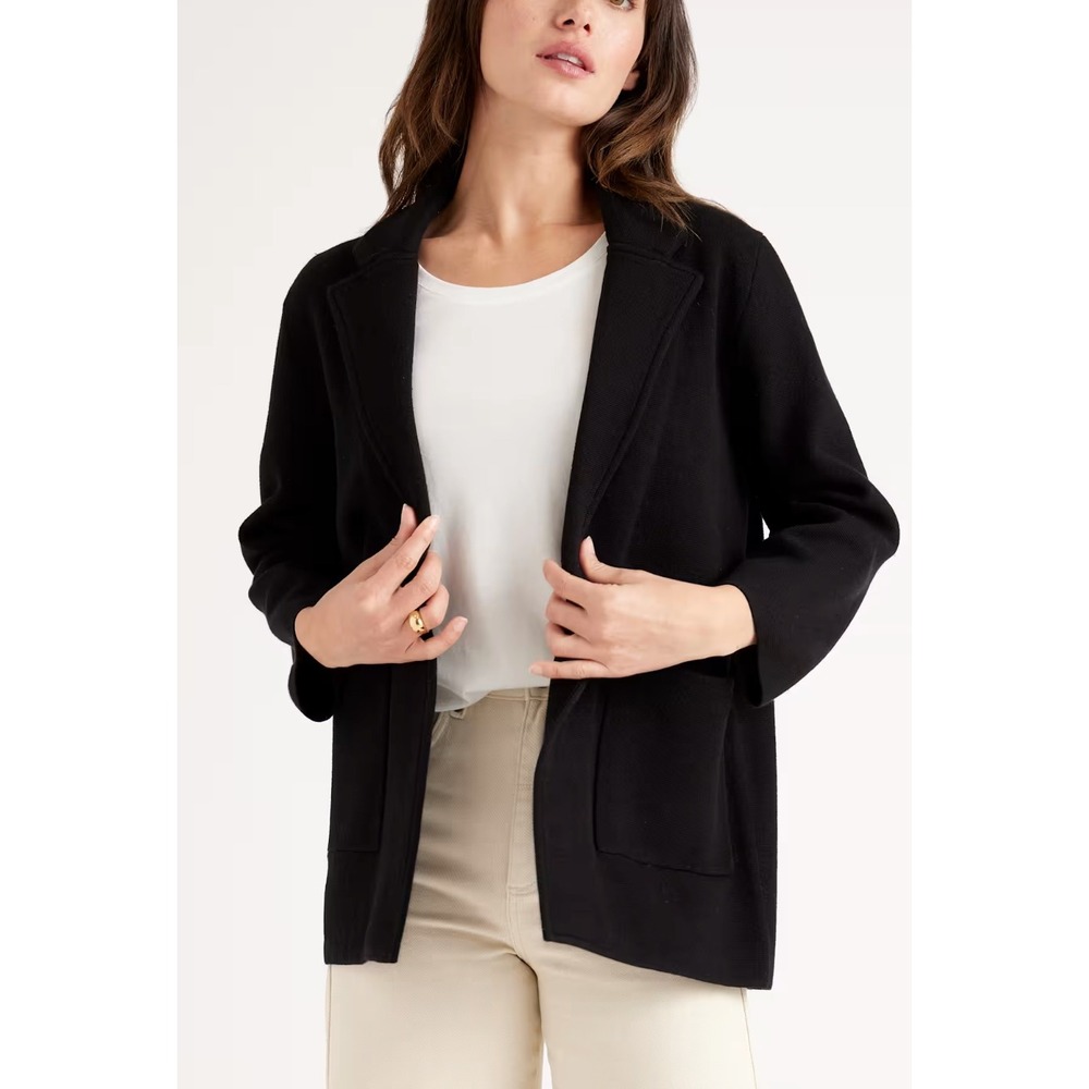 NWT Quince 100% Organic Cotton Knit Blazer Black Open Front Cardigan Size M